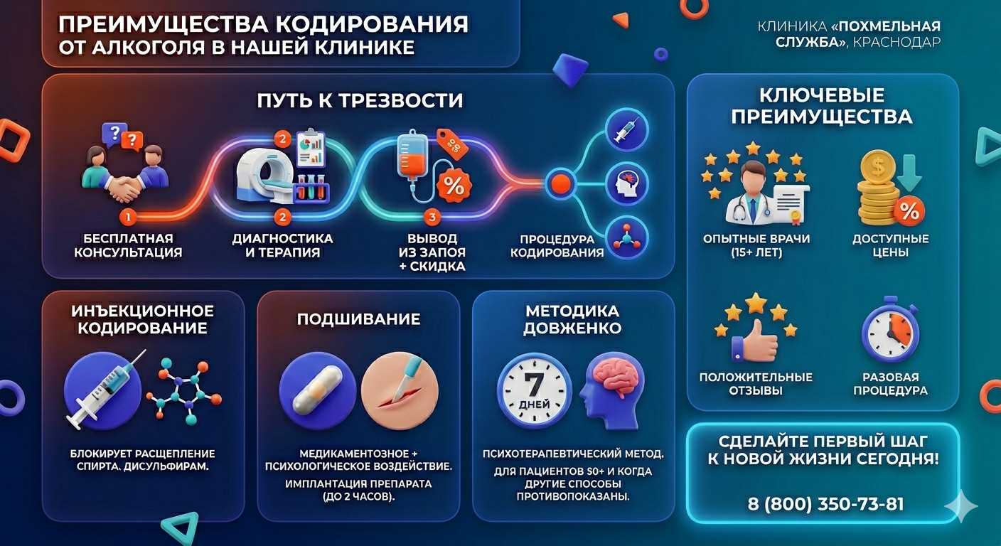 Инфографика о методах кодирования от алкоголя в Струнино: инъекции, подшивание, метод Довженко. Преимущества клиники и этапы лечения.